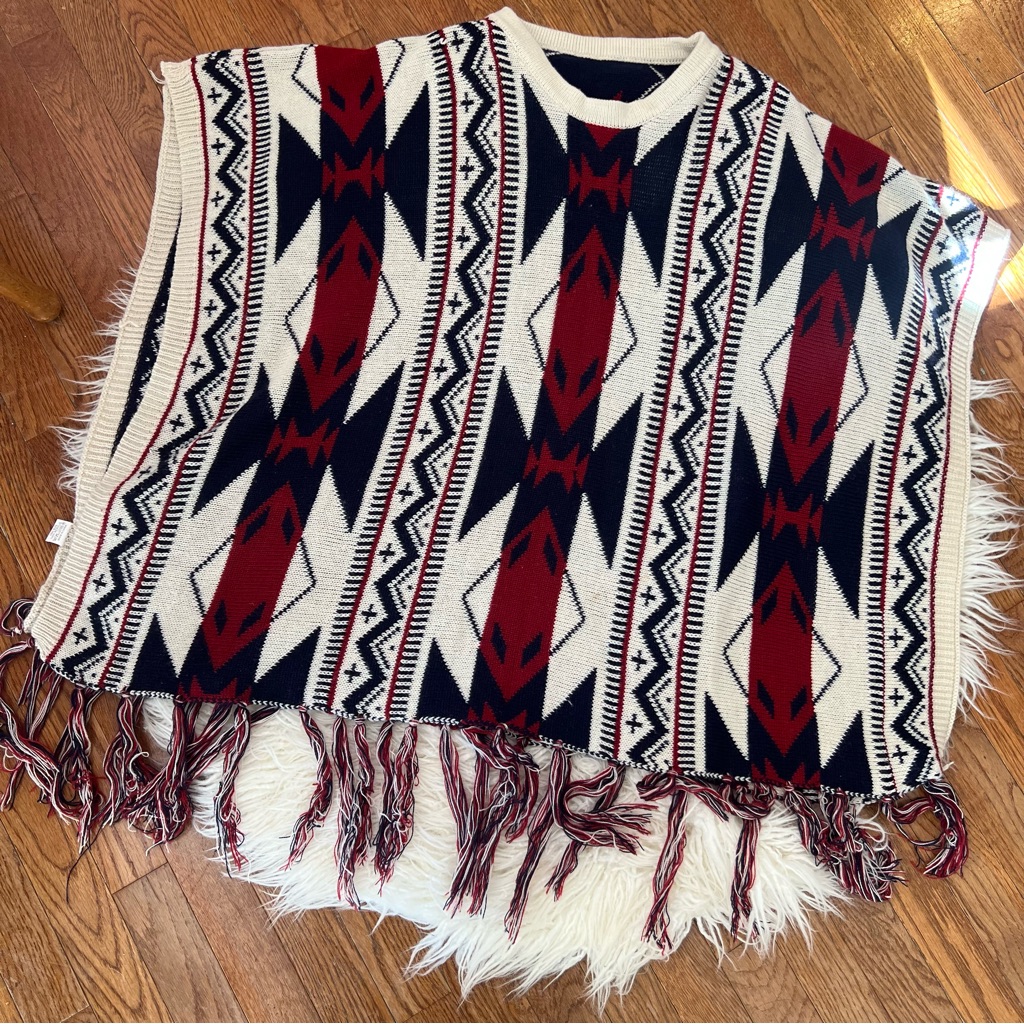 Guc Navy, Cream, And Red Tassel Poncho